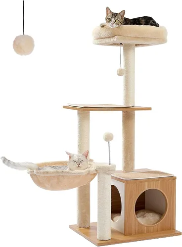 PEQULTI - Torre para gatos moderna, árbol de gato de varios niveles para gatos de interior, casa de juego para gatos con gran condo, hamaca