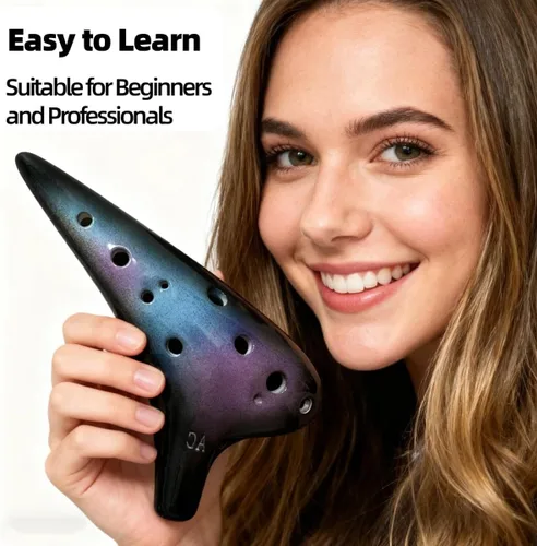Miniatura 2 de Instrumento de Ocarina de 12 Agujeros con Libro de Canciones para Principiantes, Ocarina de Cerámica Alto C (Azul Estrellado y Morado y Negro)