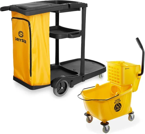 Dryser Carrito de limpieza comercial con ruedas con tapa, estantes y bolsa de vinilo y cubo de fregona comercial con escurridor de prensa lateral,