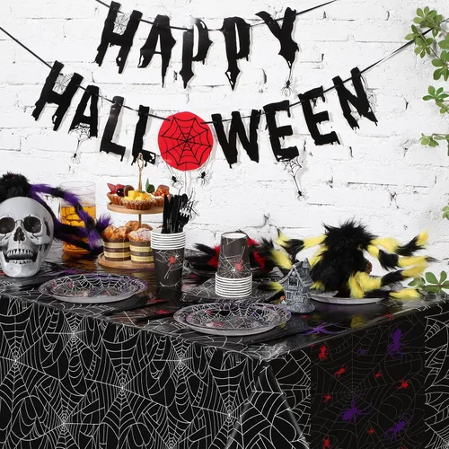 Miniatura 3 de Peryiter Mantel rectangular de plástico para Halloween, tela de araña, 54 x 108 pulgadas, impermeable, desechable, tela de araña para decoración