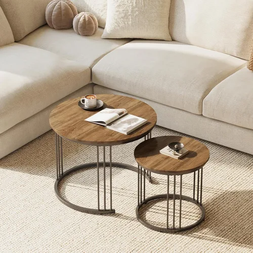 Miniatura 4 de Garden 4 you - Mesa de centro anidada, juego de 2 mesas redondas de 23.6" de centro de madera con marco metálico, mesas de centro para sala de Marrón