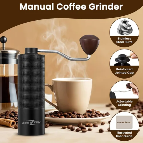 Miniatura 6 de Molinillo de café manual con rebaba cónica de precisión, molinillo de café manual ajustable con rodamientos dobles, molinillo de café portátil