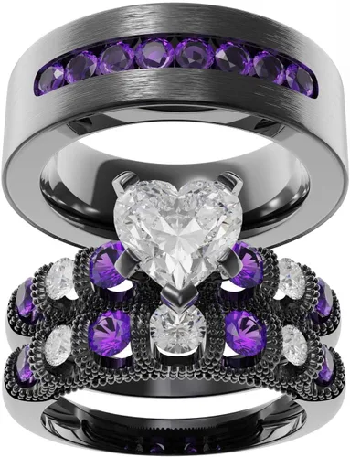 Miniatura 30 de Conjunto de dos anillos de boda para él y para ella, anillos para parejas. Anillos de compromiso para novia en acero inoxidable chapado en oro Blanco