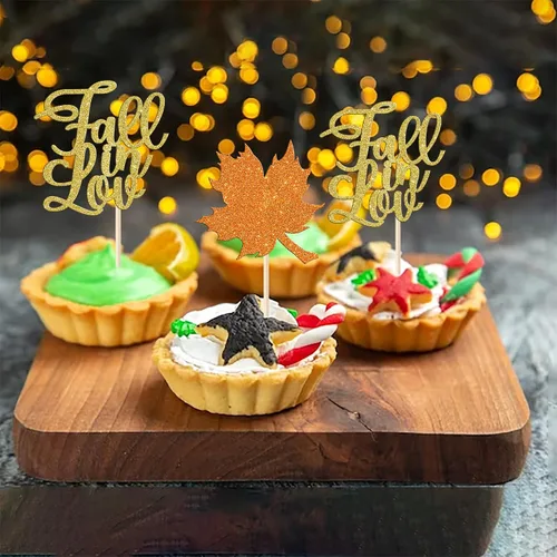 Miniatura 5 de Rsstarxi Paquete de 24 adornos para cupcakes con purpurina de otoño de hojas de arce de otoño, palillos para cupcakes, decoración de pasteles