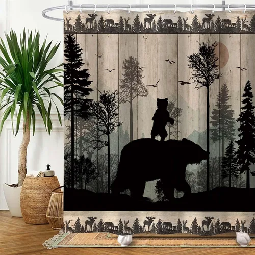 Miniatura 5 de Torich Juego de cortinas de ducha de oso rústico, diseño de bosque y bosque, caza, animales, cabaña, tablero de madera, decoración de baño