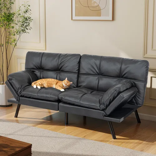 Miniatura 9 de Opoiar Sofá cama tipo futón de cuero negro convertible con espuma viscoelástica, juego de futón plegable y moderno para estudio, Drom, apartamento