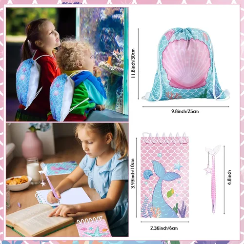 Miniatura 3 de Sherr 140 bolsas de regalo de fiesta de sirena para niñas, suministros de decoración de cumpleaños, incluye bolsas con cordón, pulseras de silicona