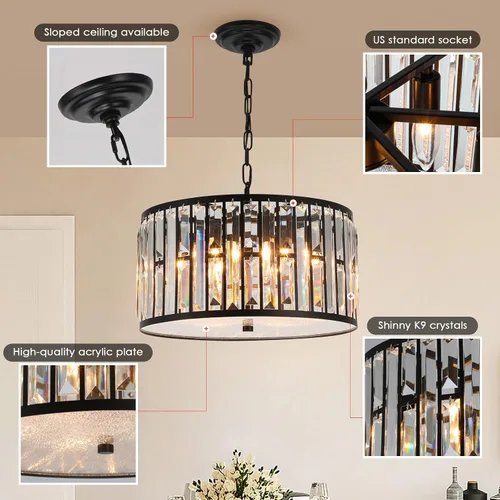 Miniatura 8 de Weesalife Candelabros de cristal para comedor sobre mesa, 6 luces modernas para dormitorio, lámparas de tambor para isla de cocina, sala de estar