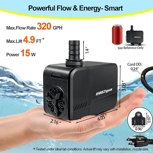 Miniatura 2 de Bomba de agua sumergible de 320 GPH (1200 L/H, 15 W), bomba de fuente silenciosa y de bajo consumo, para acuario, pecera, estanque, fuente, cascada