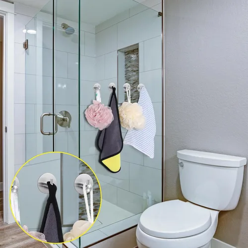 Miniatura 6 de Queekay Gancho adhesivo de acero inoxidable 304 para toallas, bata, gancho de pared resistente, gancho de pared a granel, colgador redondo