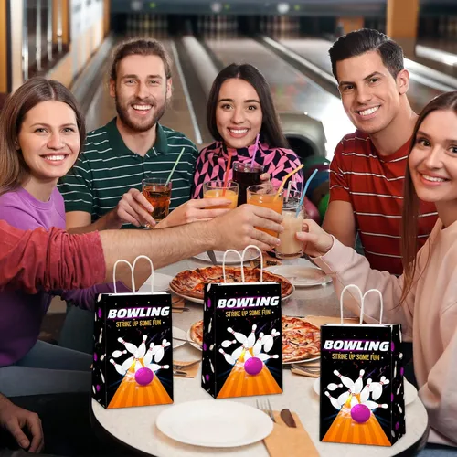 Miniatura 7 de Paquete de 12 bolsas de regalo con diseño de boliche para fiestas, bolsas de golosinas con mango para fiesta de cumpleaños con temática de boliche