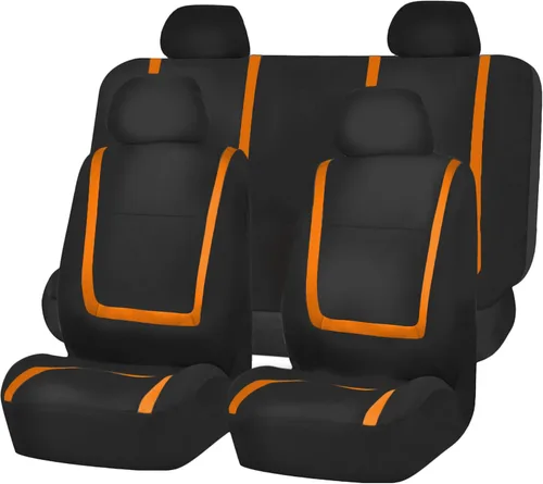 TLH Juego completo de fundas de asiento de automóvil de tela plana única, color naranja, ajuste universal con accesorios interiores, alfombras de