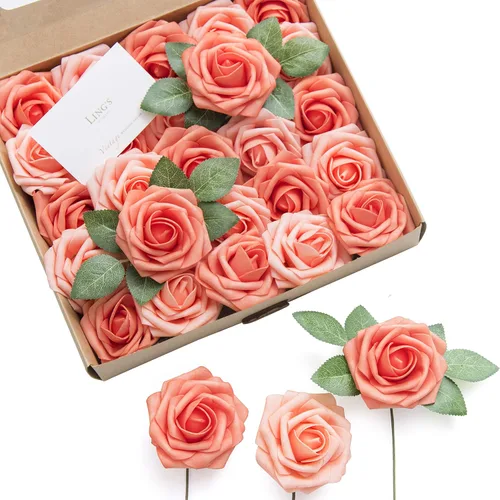 Miniatura 31 de Ling’s Moment - Flores Artificiales, 50 piezas, Rosas Verde Pavo Real con Tallos, 3" de Tacto Real, Espuma DIY para Ramilletes de Boda/Centros