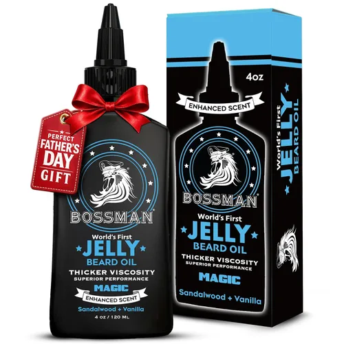 Bossman Aceite de gelatina para barba para hombres (4 onzas, aroma mágico): suaviza, hidrata y acondiciona con ingredientes naturales