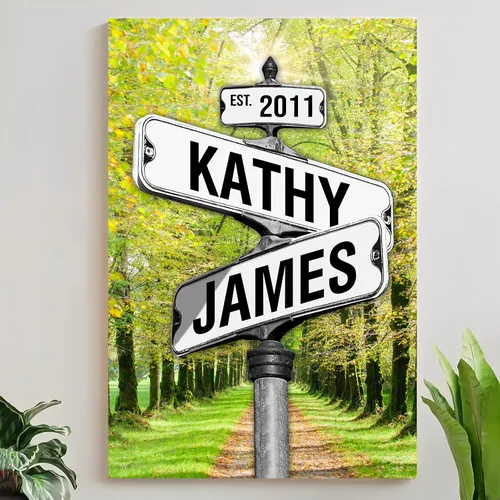 Miniatura 15 de Mapileng Lienzo personalizado de Crossroads Street Sign para parejas, nombres personalizados y fecha, arte de pared vintage, regalo del día de San