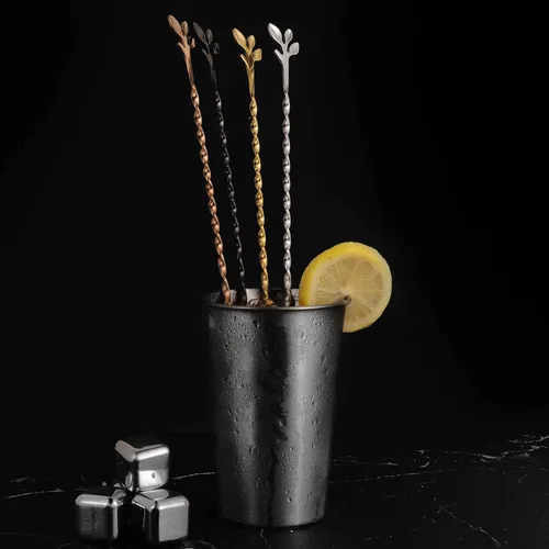 Miniatura 7 de AnSaw - Cuchara de cóctel de acero inoxidable de 10 pulgadas con mango de hoja, negra - Perfecta para mezclar y estratificar bebidas en vasos altos