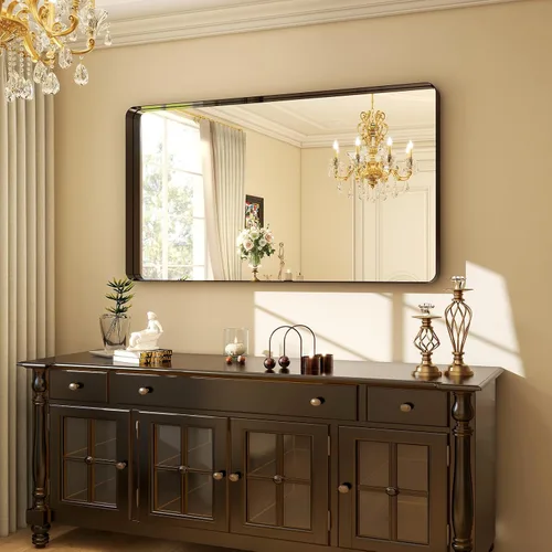 Miniatura 4 de Easly Espejo de baño negro de 48"x30" - Moderno espejo negro para pared con esquinas redondeadas, espejos de baño para tocador, espejo enmarcado