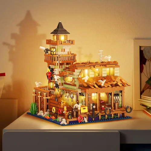 Miniatura 2 de 1881 piezas de bloques de construcción de cabaña de madera de pueblo pesquero con iluminación LED, ideales creativos, juegos de construcción
