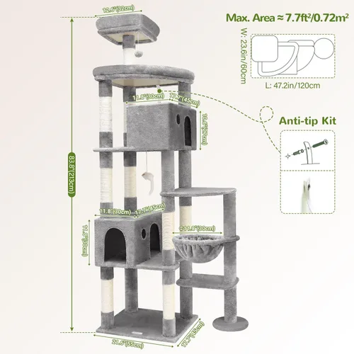Miniatura 6 de Globlazer Árbol gigante para gatos, árbol para gatos de interior de 83 pulgadas para gatos grandes y adultos, torre XXL para gatos con 9 postes gris