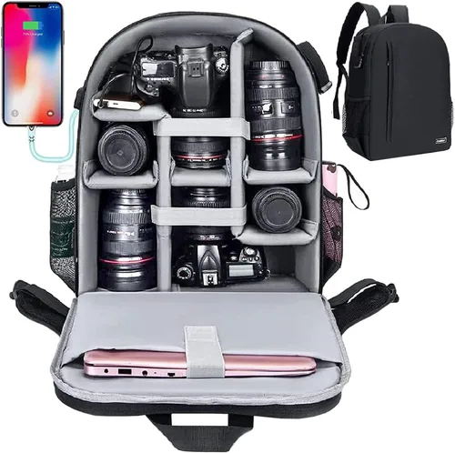 Miniatura 14 de Cwatcun Mochila para Cámara Impermeable Bolsa para Cámara, Bolsa Multifuncional de Fotografía de Viaje Estuche para Cámara con Compartimento