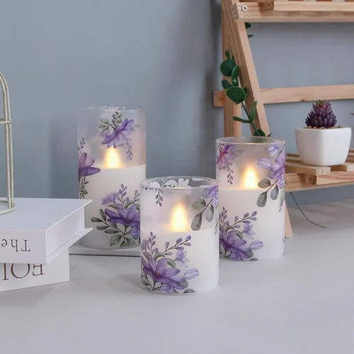 Miniatura 5 de Velas de cristal sin llama parpadeantes con control remoto y temporizador, flores púrpuras LED operadas por batería, cera real, juego de 3 velas