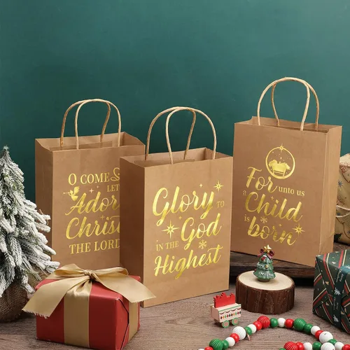 Miniatura 4 de Yeaqee 36 bolsas de papel kraft de Navidad, bolsas de regalo metálicas doradas religiosas con asas para envolver, 6 1/2 x 3 1/4 x 9 pulgadas