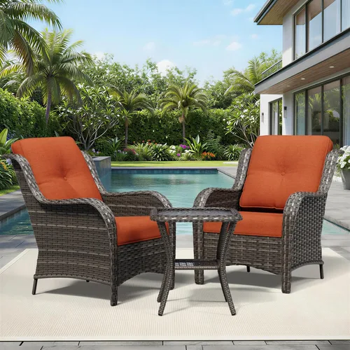 Joyside Juego de sillas de mimbre para patio, juego de 3 piezas de mimbre para exteriores con 2 sillas reposabrazos y 1 mesa auxiliar para terraza,