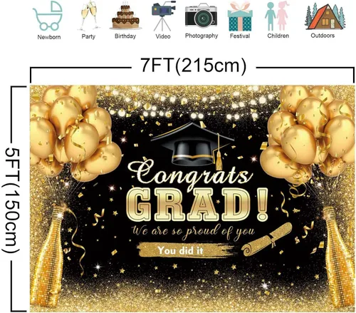 Miniatura 5 de Cartel de graduación de 7 x 5 pies para celebrar la clase de 2025, decoraciones de fiesta con globos negros y dorados con purpurina negra y dorada