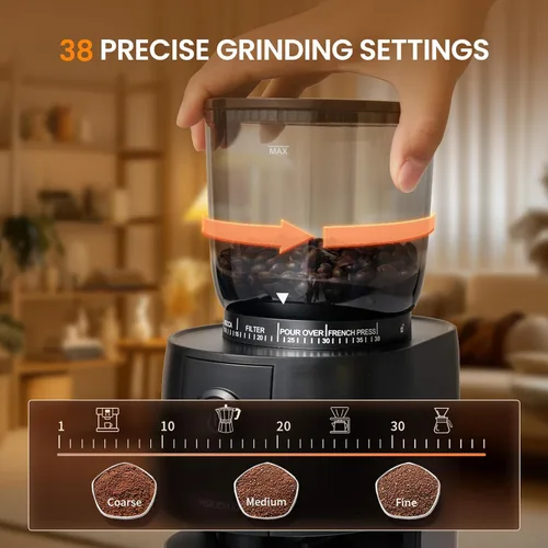 Miniatura 4 de Molinillo de café, molinillo de café eléctrico con rebabas cónicas, molinillo de granos de café eléctrico con 38 ajustes de molienda para expreso