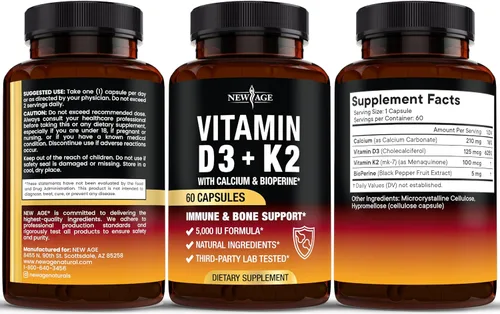 Miniatura 7 de NEW AGE Vitamina D3 5,000 UI + K2 MK-7 100 mcg - 2 en 1 hueso, apoyo inmunológico y cardíaco, fácil de tragar, sin OMG - 120 cápsulas