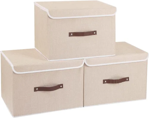 Miniatura 30 de Yawinhe SNK024BEN-1 Cajas de almacenamiento plegables, cestas apilables de tela de lino, contenedor con tapa y asa de cuero, lavable, para el hogar