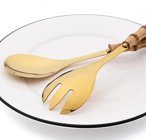 Miniatura 6 de Juego de 4 utensilios para servir con mango de bambú, cuchara larga de acero inoxidable 304, tenedor para cocina, bufé, restaurante, boda, fiesta