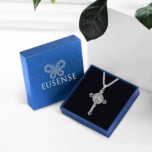Miniatura 5 de Eusense - Collar con colgante de plata de ley 925 de San MiguelSan Benito para hombres y mujeres con cruz de Jesúsmedalla milagrosa de la Virgen