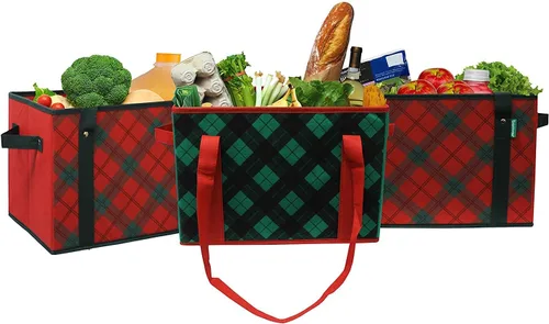 Miniatura 2 de Earthwise Caja de compras plegable reutilizable de lujo, juego de bolsas de comestibles con parte inferior reforzada, diseño navideño a cuadros