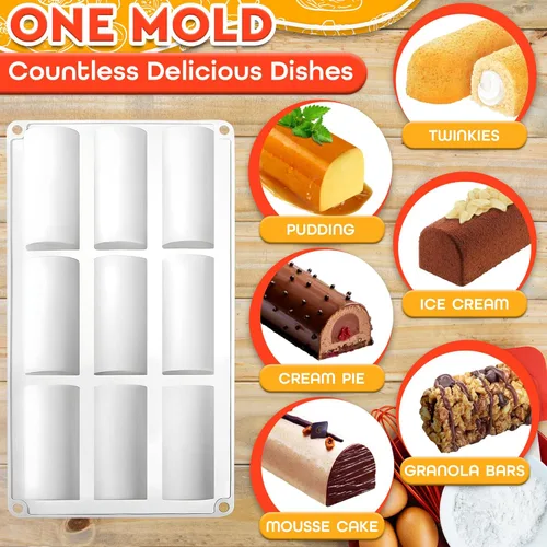 Miniatura 6 de Molde de silicona de 9 cavidades, molde reutilizable antiadherente para hornear en forma de tronco para mini rollos suizos, postres de chocolate