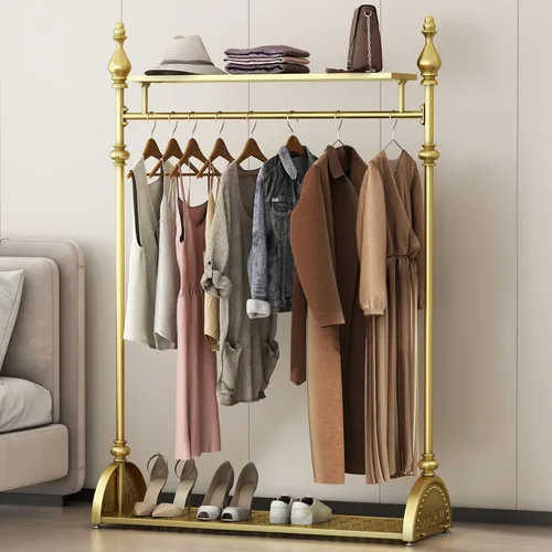 Perchero de ropa dorado, perchero industrial para colgar ropa con estantes dobles independiente, multifuncional, resistente, perchero de metal móvil