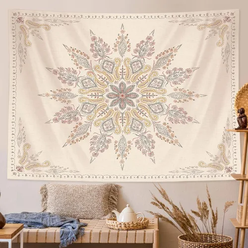 Miniatura 2 de Neasow Tapiz bohemio para colgar en la pared, tapiz floral beige y blanco con estampado de medallón, decoración bohemia para dormitorio, blanco