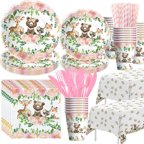 APOWBLS Decoración de baby shower de bosque para niña, vajilla para niña, suministros de fiesta de cumpleaños con temática de animales del bosque,