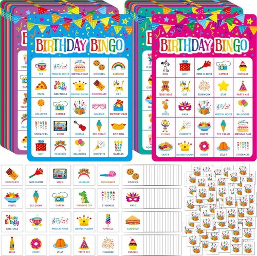 SpriteGru Juego de bingo de cumpleaños, 25 tarjetas de tablero de bingo, juego de fiesta de cumpleaños para 25 jugadores para niños o adultos,