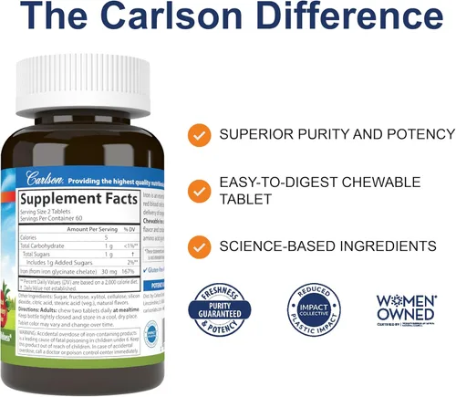 Miniatura 2 de Carlson - Hierro masticable, 30 mg, absorción superior, salud de la sangre, producción de energía y bienestar óptimo, suplemento de hierro