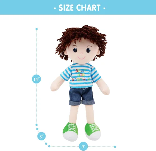 Miniatura 5 de June Garden Snuggle Cutie Benny de 14 pulgadas, muñeco de felpa suave Best Big Brother, muñeco de peluche con camisa a rayas azules y zapatos Verde