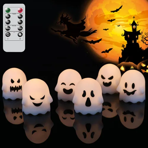 Wondise Velas sin llama de Halloween con control remoto y temporizador, paquete de 6 velas LED parpadeantes con pilas fantasmas para decoración de