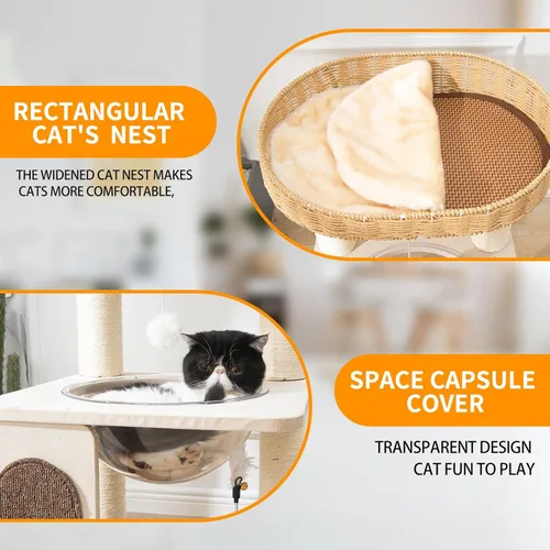 Miniatura 3 de Árbol moderno para gatos de interior con postes rascadores de cuerda de sisal, condominio tejido a mano y percha superior, nido de cápsula espacial