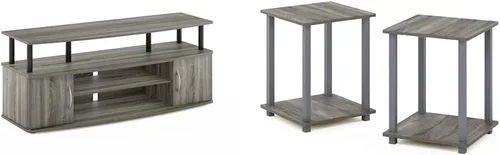 Furinno Jaya - Soporte de entretenimiento grande para TV de hasta 55 pulgadas, roble francés gris/negro, juego de 2 mesas auxiliares, roble francés
