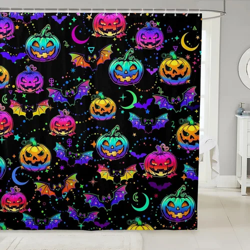 Miniatura 12 de Erosebridal Juego de cortinas de ducha góticas espeluznantes para bañeras, farol de calabaza, cortina de baño para niños, telarañas fantasmas, Multi