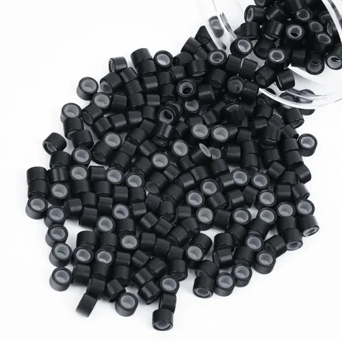 Miniatura 52 de Vlasy 100 Piezas Cuentas de Nano Anillo con Forro de Silicona para Extensiones de Cabello Humano con Nano Anillo 5 Colores Opcionales (Negro)