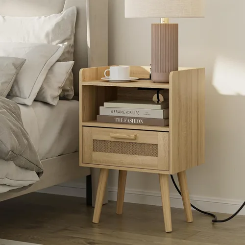 Miniatura 6 de Masupu Mesita de noche, mesita de noche pequeña con dos cajones, mesita de noche blanca, muebles de noche, mesa auxiliar moderna de mediados