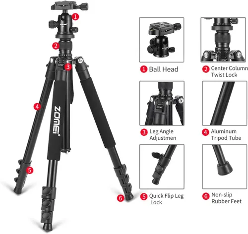 Miniatura 3 de Zomei Q555 - Trípode de cámara de 62.5 pulgadas, trípode de viaje portátil de aluminio ligero y compacto con cabezal de bola de 360 grados para Vlog