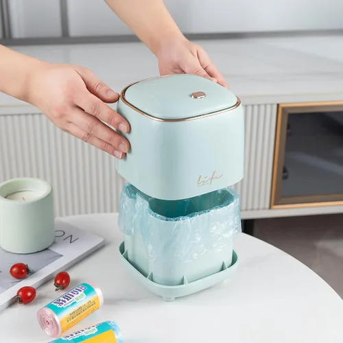 Miniatura 8 de Mini papelera de escritorio con tapa, pequeño cubo de basura de plástico para cocina, baño, oficina, papelera de escritorio con botones, cubo