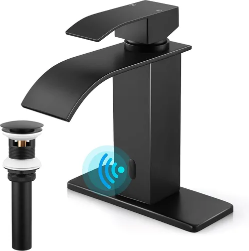 Herogo - Grifo de lavabo de baño sin contacto, sensor automático, color negro mate, cascada de acero inoxidable, con drenaje desplegable de latón